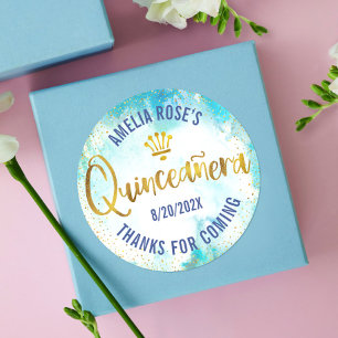 Adesivo Redondo Quinceañera Turquesa Azul Dourado Folha Aquarela