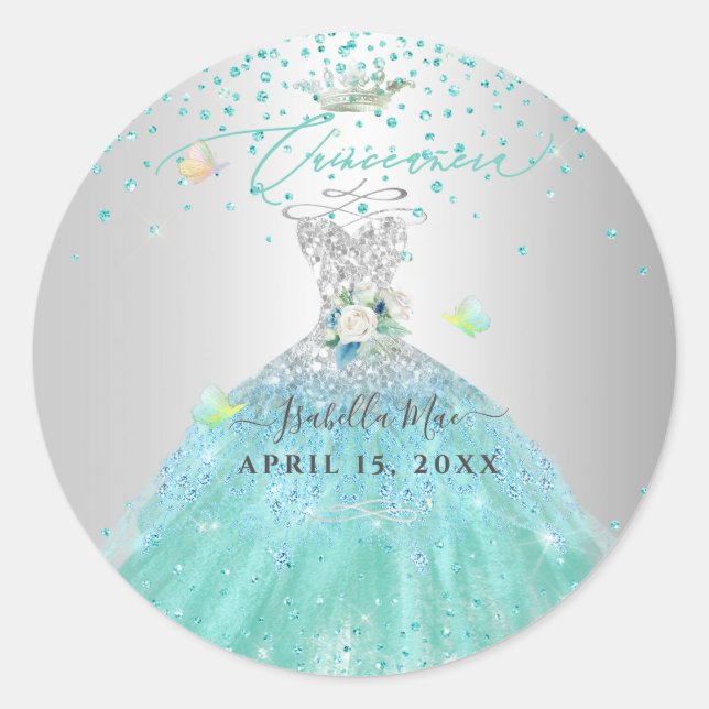 Adesivo Redondo Quinceanera Turquoise Glitter (Frente)