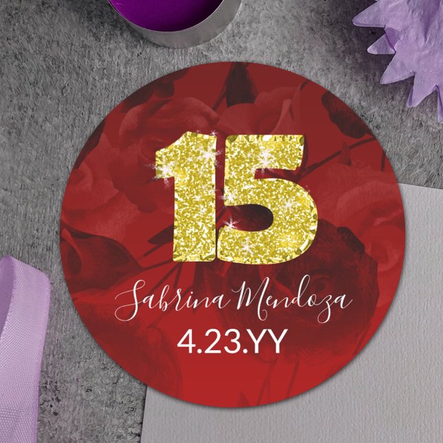 Adesivo Redondo Quinceanera Vermelha, Dourada, Dourada nº 15 (red and gold number 15 sticker for red quinceanera party favors, envelopes. Gold glitter, red roses)