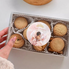 Adesivo Redondo Quinceanera, Vestido de Flor Rosa Clássico