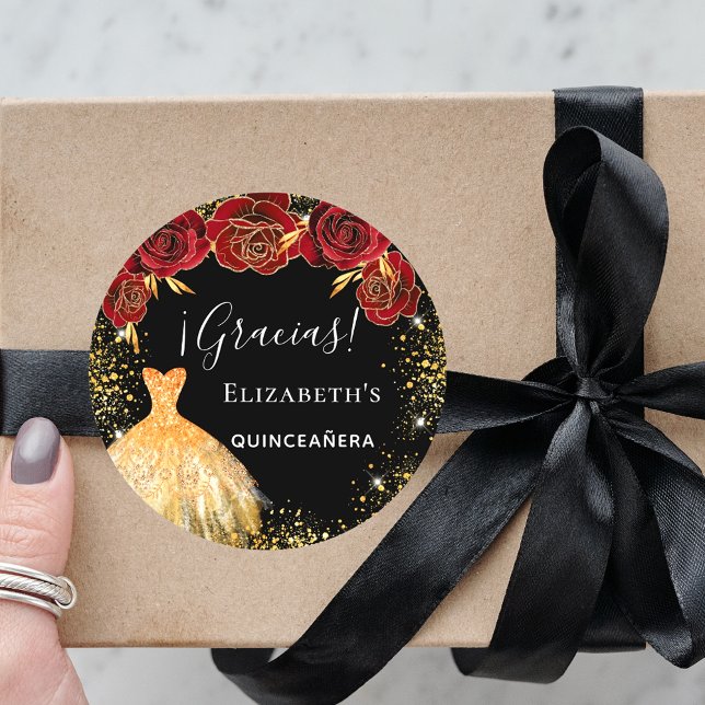 Adesivo Redondo Quinceanera, vestido vermelho-preto, Gracias (Criador carregado)