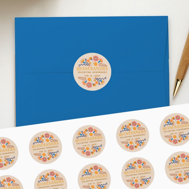 Adesivo Redondo Quinceanera Western Mexicano Fiesta Party (Quinceanera stickers with earthy folk art flowers from my Mexican Floral collection)