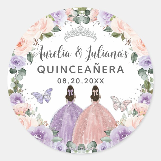 Adesivo Redondo Quinceañera XV Doce 16 Gêmeas Florais Lilac Blush (Frente)