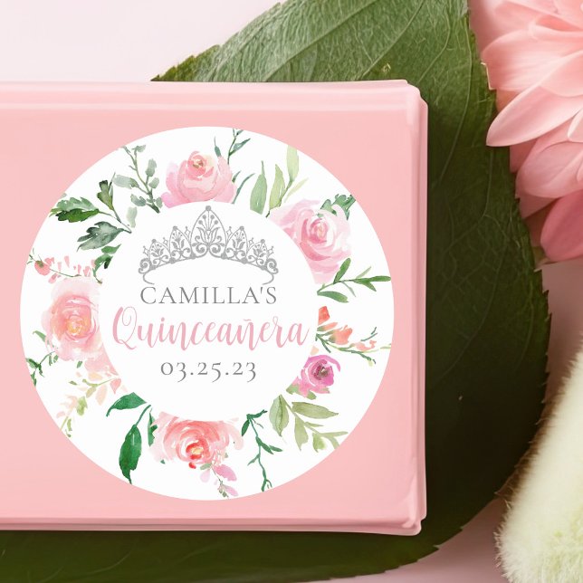 Adesivo Redondo Quinto Floral Rosa-Chic Quinceañera Partido das Pr (Criador carregado)