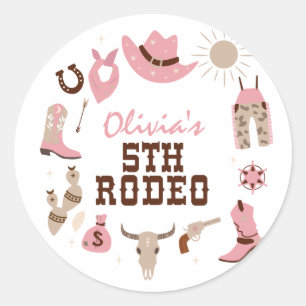 Adesivo Redondo Quinto Rodeio Pink Western Cowboy Aniversário de 5