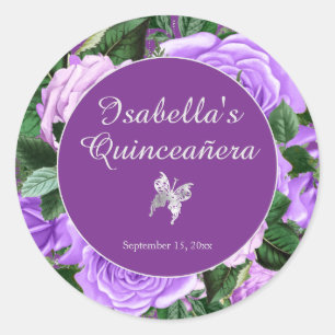 Adesivo Redondo Quinze Anos Roxo Floral Vintage Borboleta