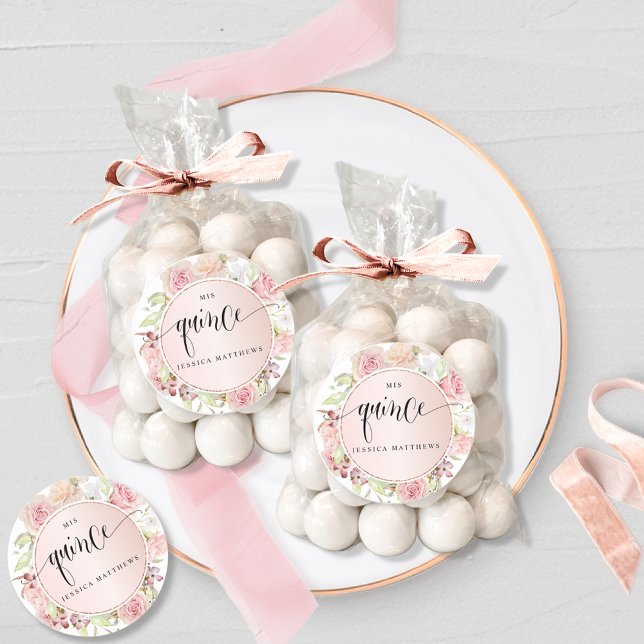 Adesivo Redondo Quinze, Espanhol, Rosa, Rosa Bege Dourado Floral (Criador carregado)