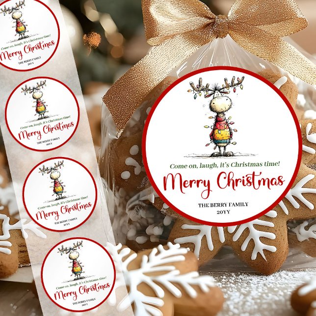 Adesivo Redondo Quirky reindeer fun whimsical Xmas sticker style (Quirky reindeer fun whimsical Xmas sticker style)