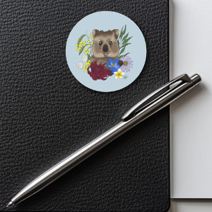 Adesivo Redondo Quokka Feliz Austrália Floral Azul
