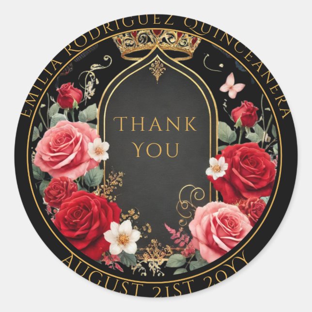 Adesivo Redondo Quuniceanera Favor Bag Dourada Rosas vermelhas Flo (Frente)