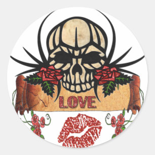 Adesivo Redondo RAB Rockabilly Caveira Rosas Amor Batom