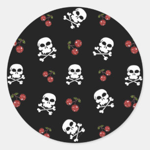 Adesivo Redondo RAB Rockabilly Caveiras e Cerejas em Preto