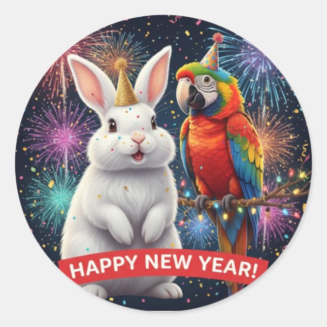 Adesivo Redondo Rabbit and Parrot New Year Sticker (Frente)