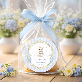 Adesivo Redondo Rabbit Blue Gingham Baby Shower Thank You