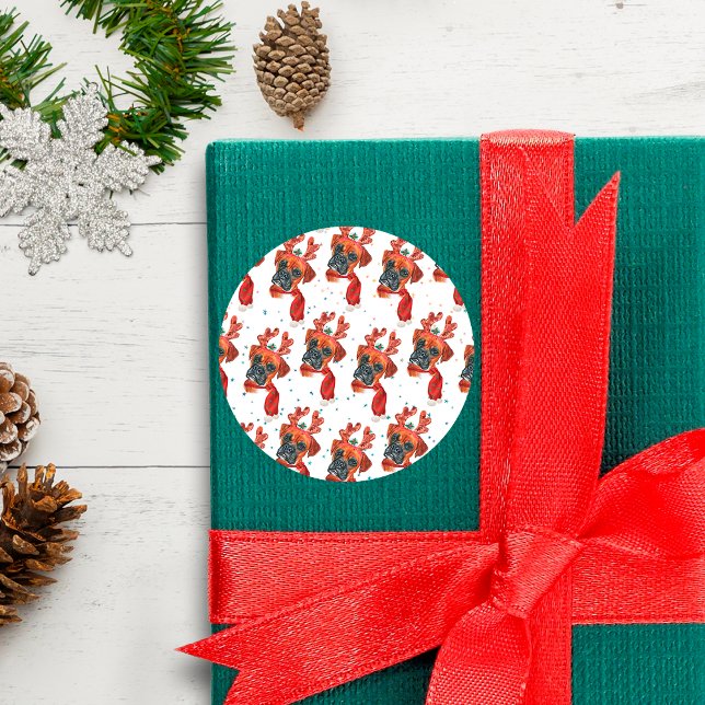 Adesivo Redondo Raça Boxer Aquarela Cachorro Padrão Estrelas Natal (Criador carregado)