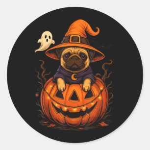 Adesivo Redondo Raça de Pug Engraçado Pet Halloween Abóboras Hallo