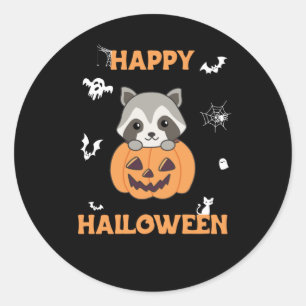 Adesivo Redondo Raccin Em Pumpkin, Sweet Raccoon Feliz Halloween