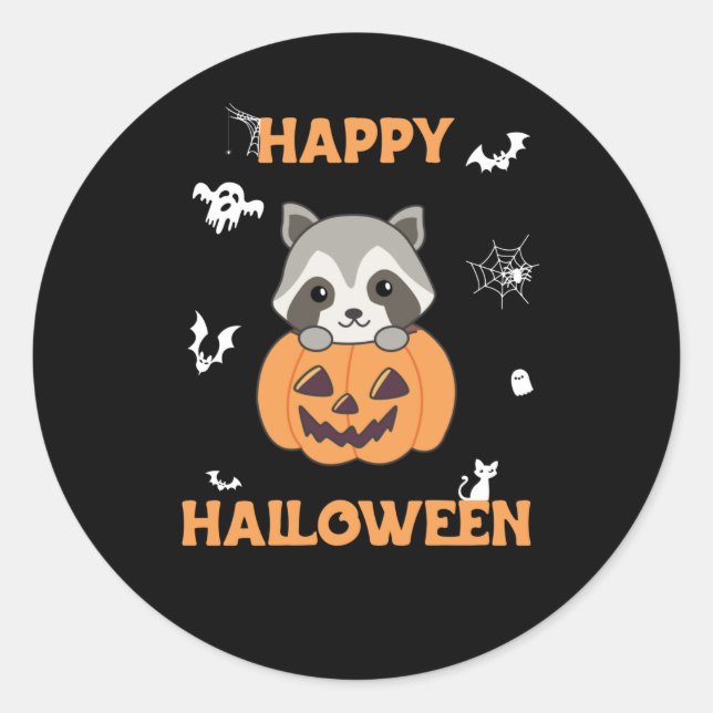 Adesivo Redondo Raccin Em Pumpkin, Sweet Raccoon Feliz Halloween (Frente)