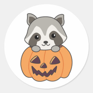 Adesivo Redondo Raccin Em Pumpkin, Sweet Raccoon Feliz Halloween