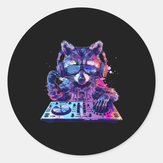 Adesivo Redondo Raccoon Dj Edm Techno House Music Funny Animal Lov (Frente)