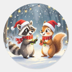 Adesivo Redondo Raccoon e Esquilo Manchando Luzes de Natal