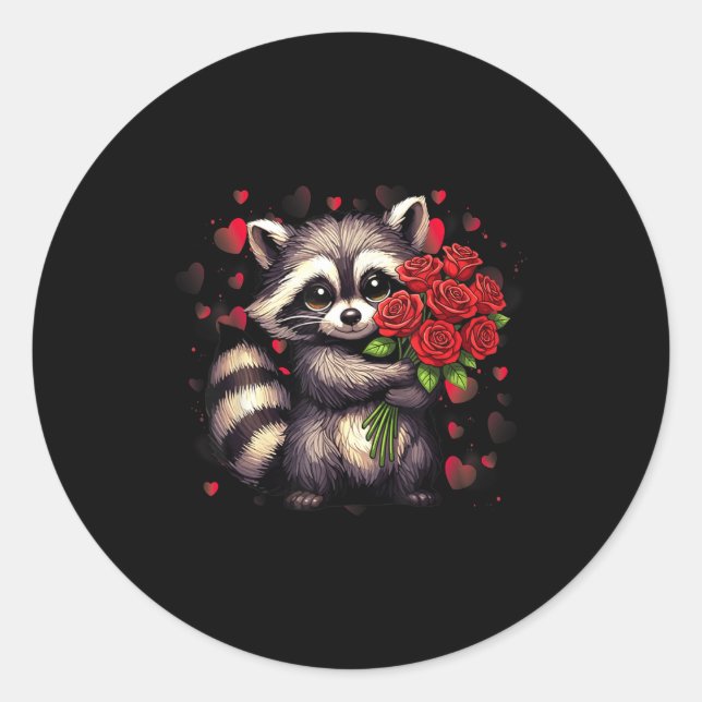 Adesivo Redondo Raccoon Holding Red Rose Cute Raccoon Valentine An (Frente)