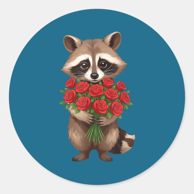 Adesivo Redondo Raccoon Holding Red Rose Cute Raccoon Valentine An (Frente)