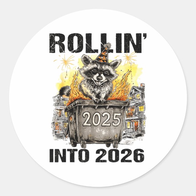 Adesivo Redondo Raccoon Rolling Into 2026 Happy New Year 2026 Funn (Frente)