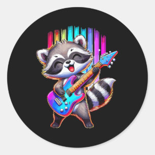 Adesivo Redondo Raccoon Tocando Rocha E Roll De Violão