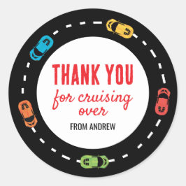 Adesivo Redondo Race Car Boys Aniversário Obrigado