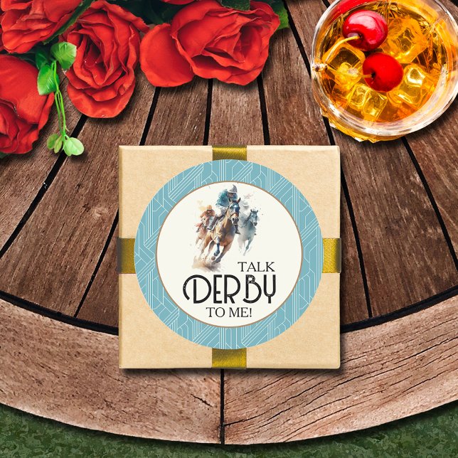 Adesivo Redondo Racecavalo e Jockeys Derby (Talk Derby to Me racehorses and jockeys turquoise round stickers 3" (1-1/2" available))