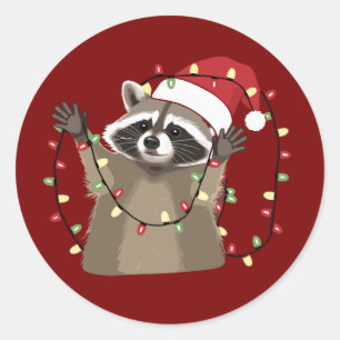 Adesivo Redondo Racoon Lover Christmas Lights Animal Santa Hat