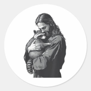Adesivo Redondo Racoon Lover Trash Panda Christian Jesus Segurando