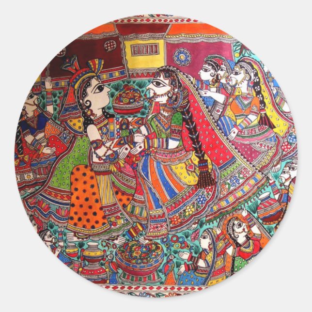 ADESIVO REDONDO RADHA KRISHNA HINDU DEUS MADHUBANI ART STYLE (Frente)