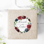 Adesivo Redondo Radiant Bloom | Casamento De Ferro Botânico<br><div class="desc">Coloque o seu convite em envelopes ou favores com estes elegantes adesivos botânicos e florais que contêm os seus nomes emoldurados por uma coroa aquosa de folhagem verde de eucalipto e flores de joia em burgundy marsala e azul marinho. Coordena-se com a nossa coleção de casamento do Radiant Bloom.</div>