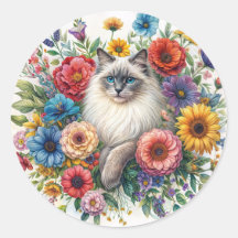 Ragdoll Cat Among Colorful Flowers Watercolor