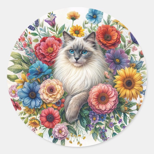 Adesivo Redondo Ragdoll Cat Among Colorful Flowers Watercolor (Frente)