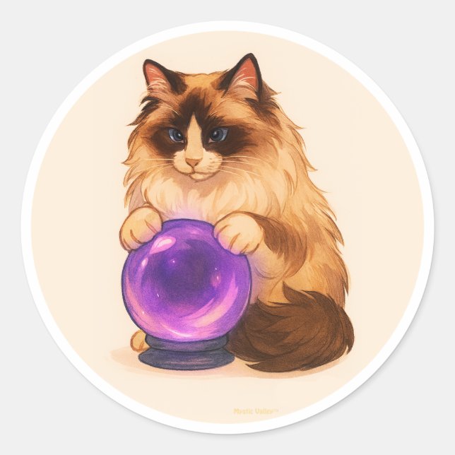 Adesivo Redondo Ragdoll cat with purple crystal ball (Frente)