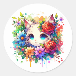 Adesivo Redondo Rainbow Anime Kitten Aniversário