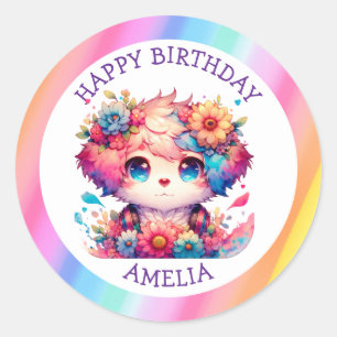 Adesivo Redondo Rainbow Anime Puppy Aniversário Cake Personalizado