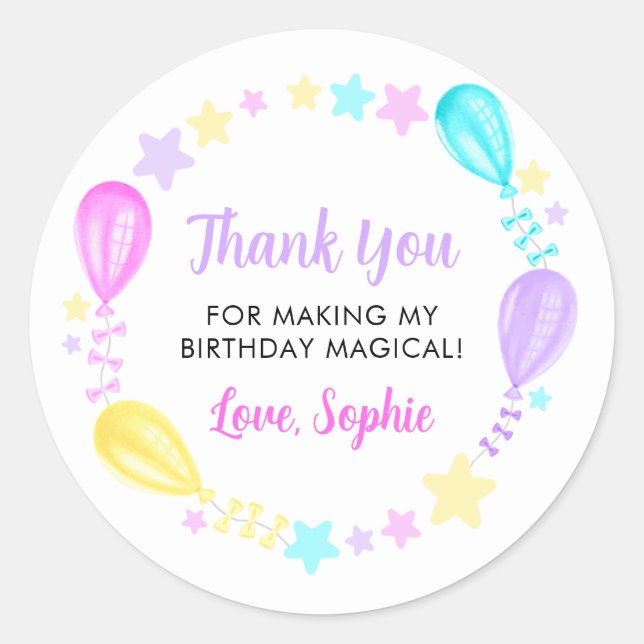 Adesivo Redondo Rainbow Balloons e Stars Obrigado (Frente)