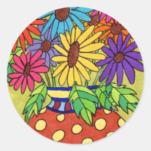 Adesivo Redondo Rainbow Daisies no Designer Vase
