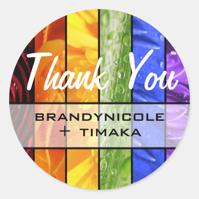 Adesivo Redondo Rainbow Flowers Obrigado (Frente)