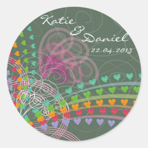 Adesivo Redondo Rainbow Love Hearts Pink Swirls Wedding Sticker