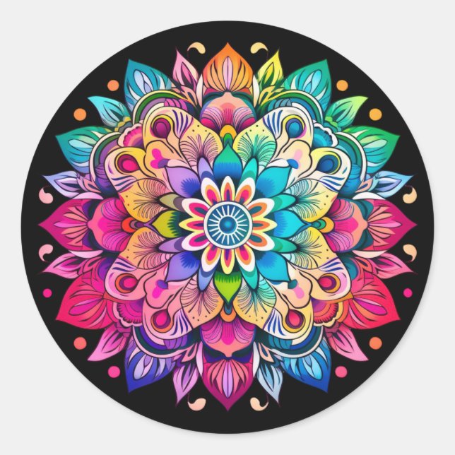 Adesivo Redondo Rainbow Mandala / Design de Flor (Frente)