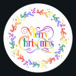 Adesivo Redondo Rainbow Merry Christmas Wreath Stickers<br><div class="desc">LGBT  A bandeira do Orgulho LGBT inspirou o arco-íris.</div>