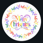 Adesivo Redondo Rainbow Merry Christmas Wreath Stickers<br><div class="desc">LGBT  A bandeira do Orgulho LGBT inspirou o arco-íris.</div>