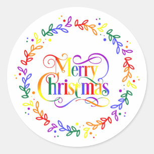 Adesivo Redondo Rainbow Merry Christmas Wreath Stickers