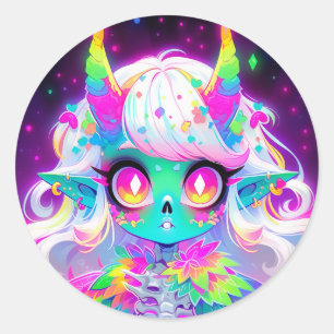 Adesivo Redondo Rainbow Pastel Fantasy Skull Demon Animy