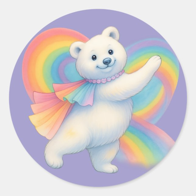 Adesivo Redondo Rainbow Polar Bear Kids Sticker – Cute Character  (Frente)